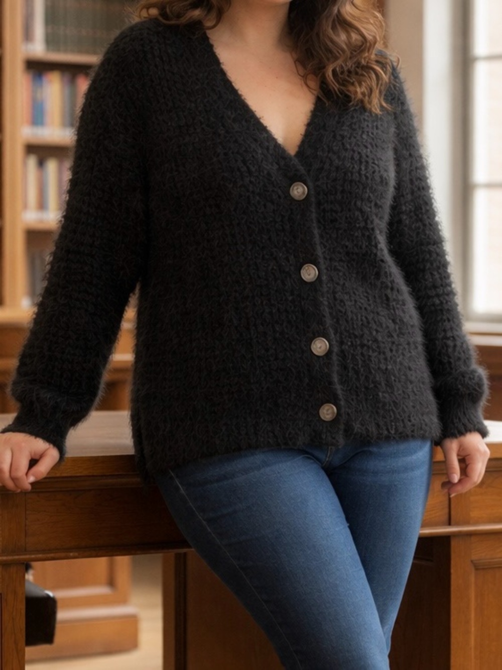 NWT Catherine Malandrino Black Fuzzy V-Neck Button Cardigan Sweater 1X